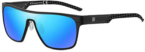 DUCO Quadratische Polarisierte Sonnenbrille für Herren Sport Fahren Angeln Sonnenbrille Flat Top Shield Shades UV 400 Schutz DC8230 (Schwarz Rahmen Schwarz Tempel Blau Linse)