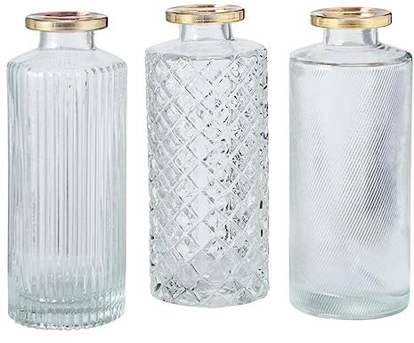 Vase im 3er Set aus Glas in Flaschenform Tischdekoration mit Relief Veredelung Für Blumen Gräser und Zweige Dekoratives Accessoires- Transparent Gold