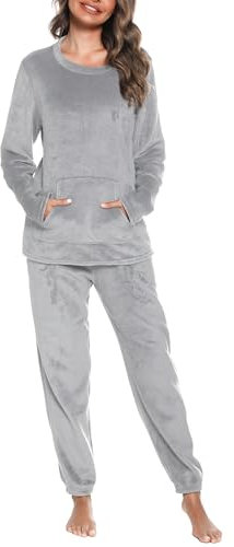 Lovasy Pigiama Donna Invernale Caldo Pigiama in Pile Maniche Lunghe Set Pigiama Due Pezzi Top Pigiama e Pantaloni Caldo e Soffice Accogliente per Casa con Tasche B Grigio XL