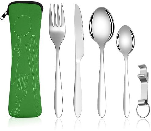 Vicloon Ensemble de Couverts, 5 pièces de couverts en Acier Inoxydable, Ensemble de Couverts Transportables, Couverts en Acier Inoxydable avec Idéal pour les Voyages et le Camping(Vert)