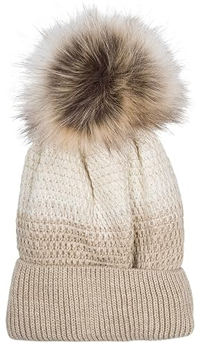 styleBREAKER Damen Strick Bommelmütze mit Farbverlauf und Fleece Futter, Winter Fellbommel Mütze, Strickmütze 04024205, Farbe:Hellbraun-Braun