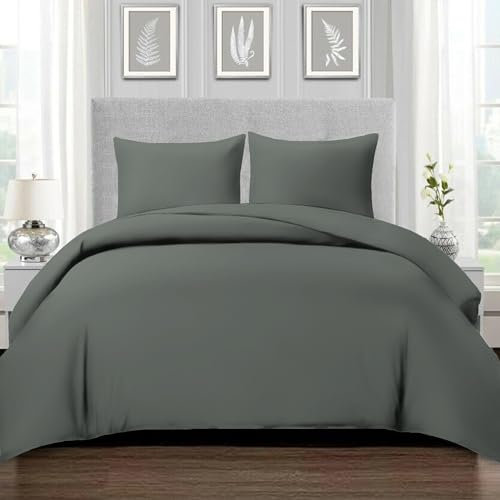 Pizuna 800 Fadenzahl aus Baumwolle Bettwäsche Dunkelgrau, 100% Langstaple Baumwolle Bettbezug und Kissenbezug, 100% Baumwolle Mako Satin 3-Teilig Bettwäscheset 200x220 + 80x80 Dunkelgrau