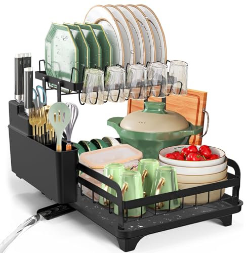 Dish Drying Rack, 2 Tier Foldable Stainless Steel Large Dish Drainer Rack with Drip Tray, Adjustable Utensil & Chopping Board Holder, Space-Saving Rustproof Non-Slip Kitchen Dish Dryer for Sink, Black