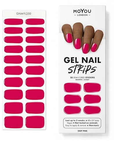 MOYOU LONDON Halbgehärtete UV Gel Strips - 20 Stück - Gel-Nagelfolien UV Härtend für Maniküre in Salonqualität - Deep Pink