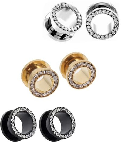 Decentraland Weiß Schwarz Hellblau 3-Paar Edelstahl O Ohrmessgeräte Tunnel Ohren Schraubverschluss Körperpiercing-Schmuck 2g(6mm)