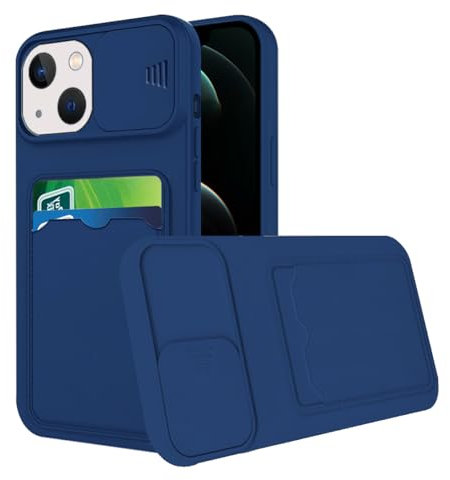 Compatible avec Coque iPhone 13 Mini Antichoc avec Porte Carte, Etui iPhone 13 Mini Silicone avec Protection Cache Camera Coulissant Coque de Telephone Ultra Fine Housse (Bleu)