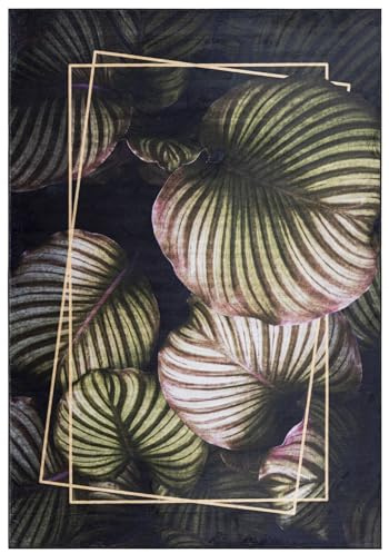 Mazovia Teppich Wohnzimmer 140x200cm Schwarz Grün Florales Muster Boho | Teppich für Schlafzimmer Esszimmer Büro Eingangsbereich Stilvoll Rutschfest Wetterfest Pflegeleicht Fußbodenheizungsgeeignet