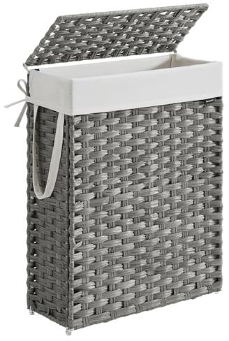SONGMICS Wäschekorb schmal, Wäschesammler 55 L, Wäschebox aus synthetischem Rattan, mit Deckel und Griffen, geflochten, faltbar, herausnehmbarer Wäschesack, taubengrau LCB164G01