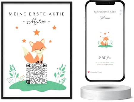 QrCode Bild | Meine Erste Aktie | Motiv Fuchs (13x18 Rahmen Gold)