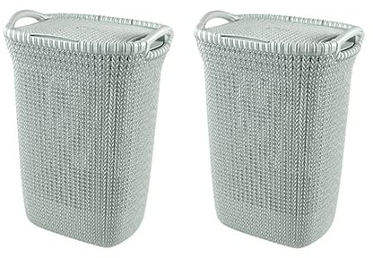 Curver Knit Wäschebox mit Deckel – 2er-Set – 57 L, belüftet, 270° Deckelöffnung, Kunststoff, blau, exklusives Knit-Design