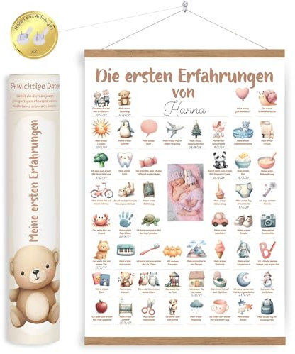 HuBorns - Poster Meine Ersten Mal, zur Verfolgung der Meilensteine Ihres Babys, Individuell Gestaltbar mit Daten, Babygeschenke, Dekoration für das Babyzimmer, IInklusive Holzleisten zum Aufhängen