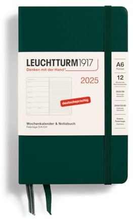 LEUCHTTURM1917 370502 Wochenkalender & Notizbuch Pocket (A6) 2025, Forest Green, Deutsch