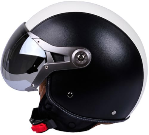 Jethelm mit Sonnenblende, Retro Motorradhelm Leder mit 7-Absätze-Sicherheitsschnalle, ECE 22.06 Zertifiziert, Motorradkreuzer-Rollerhelm im Deutschen Stil (57-62cm)