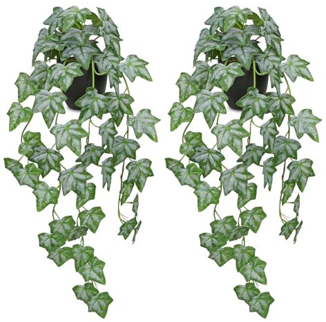Arborus 2 piante di edera artificiale in vaso nero, 63,5 cm, foglie di edera finte in vaso, piante rampicanti artificiali per interni, foglie di edera verde bianca con vite per balcone, ufficio,