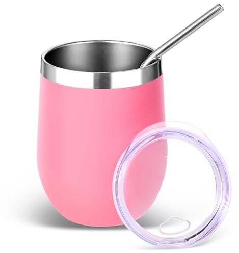 Volhoply 12oz Stainless Steel Wine Tumbler with Lid and Straw,350ml Double Wall Vacuum Insulated Stemless Wine Glasses,Travel Coffee Mug for Cold Drinks,Tumblers Gifts for Women Men(Pink,1 Set)