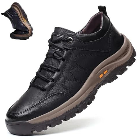 Nbzsmlkn Hand-stitched Leather Shoes,Men Hiking Shoes Arch Support Anti-Fatigue Anti Slip Shock Warm Running Boots,Men's Comfortable Orthopedic Leather Sneakers with Arch Support (Black,8.5)