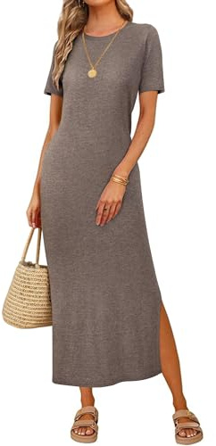 Arach&Cloz Women's Wool Business Casual T Shirt Maxi Sweater Dress Coffee