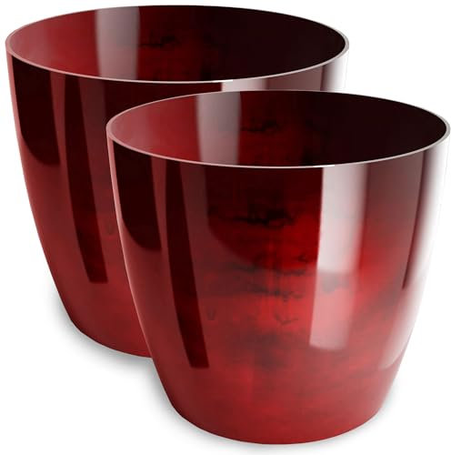 PECZEKO Lot de 2 pots de fleurs brillants - En plastique - Décoratifs pour grandes et petites plantes - Diamètre : 14 cm - Rouge