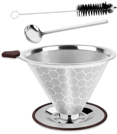 Bieiyhe Edelstah Kaffeefilter Wiederverwendbar, Pour Over Kaffeefilter Papierlos, Kaffeefilter Tassenaufsatz Metall, Kaffee Filtern von Handfilter Kaffee Dauerfilter mit Reinigungsbürsten und Löffel