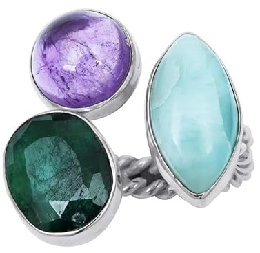 NILOY Wunderschöner handgefertigter Schmuck 925 Sterling Silber Ring Larimar+ Amethyst+ Smaragd-Edelstein und Ring für Männer und Frauen PGR-0045