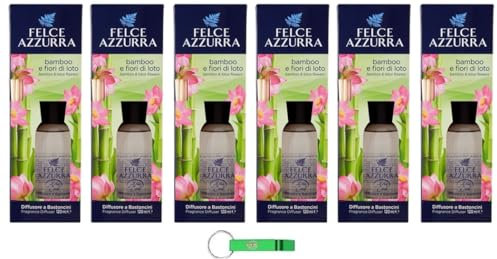 6 deodorante per ambienti Felce Azzurra, diffusore con bacchette – Diffusore a Bastoncini – Profumo di bambù e fiori di loto 120 ml + portachiavi gratuito Beni Culinari