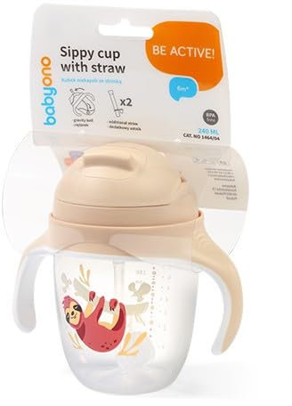 Tasse anti-goutte avec paille lestée beige Babyono