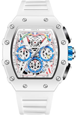 RORIOS Orologi da Polso Tonneau da Uomo Orologio Analogico Quarzo Orologi Moda Sportivo Orologi Calendario Luminosi con Cinturino in Silicone Bianco
