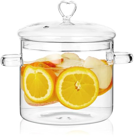 2.3L Glass Simmer Pot with Heart-Shaped Lid (2.5Qt/2300ml). Efficient Heat Transfer Saves Energy; Safe for Ovens, Gas/Electric Stoves, and Dishwashers.Suitable for Potpourri,Ramen,Pasta, and Soups.