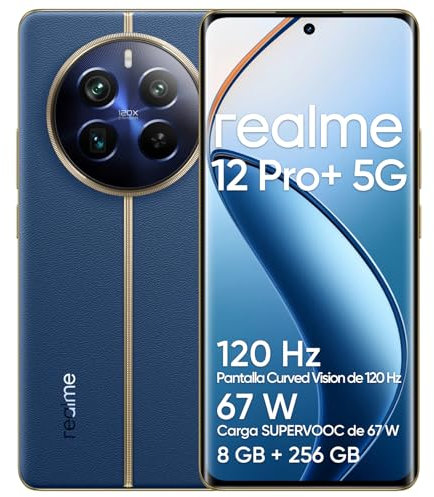 realme 12 Pro+ 5G Smartphone 8+256GB, Snapdragon 7s Gen 2 5G, 64MP Fotocamera ritratto, Display curvo Vision da 6,7 a 120Hz, Batteria da 5.000mAh, Dual Sim, Navigatore Blu (senza adattatore)