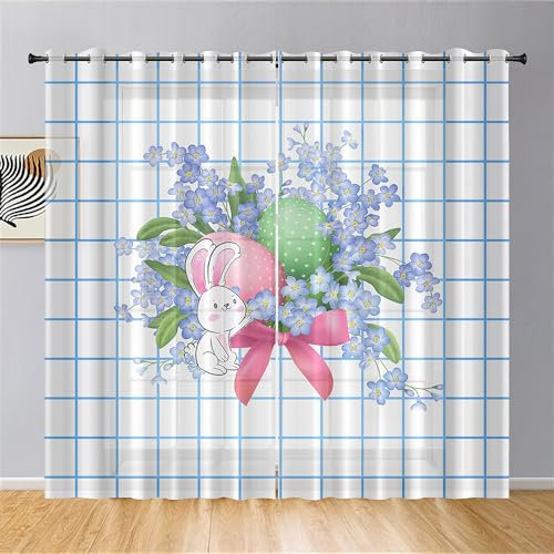 Mateju Gardinen Wohnzimmer mit Ösen 2er Set,Ostern Bedruckt Vorhang Halbtransparent Vorhänge Kurz Durchsichtig für Küche Schlafzimmer Kinderzimmer (Plaid,107x160cm(B x H))