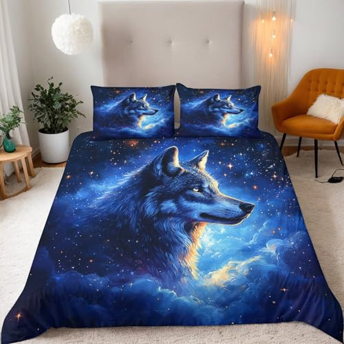Bedding Bettwäsche 155x220 Set 3 Teilig Mikrofaser Warme Kinder Bettwäsche-Sets 3D Bunter Sternenhimmel Wolf Druck Bettbezug 155x220 Deckenbezug + 2 Kissenbezüge 80x80 mit Reißverschluss Eckbinder