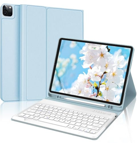 SENGBIRCH Tastatur Hülle für iPad Pro 12.9 Zoll 6/5/4/3 Generation, Magnetisch abnehmbar mit Deutsches QWERTZ Layout Keyboard, Soft TPU und Leder hülle, Hellblau