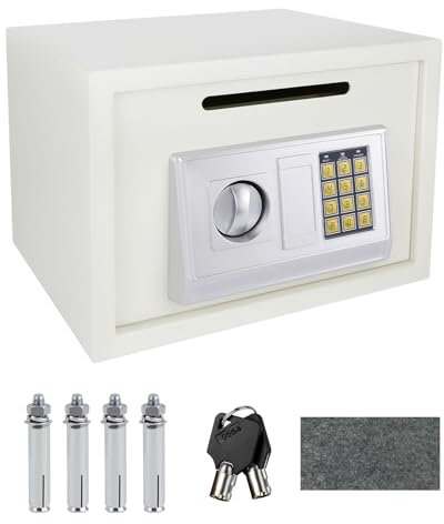 16L Electronic Digital Safe Box, Fireproof Security Box Home Office Money Cash Jewelry Steel Safety Box with 2 keys, Wall Mounted Mini Safe for Home Office Hotel, 35 x 25 x 25 cm, White