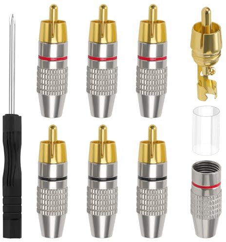 KUOQIY 6 Stücke Vergoldeter Lautsprecher Phono Cinch Stecker, Cinch Stecker Adapter, RCA-Stecker Lötfrei, mit Schraubendreher, für Multimedia und CCTV (3 Schwarz + 3 Rot)