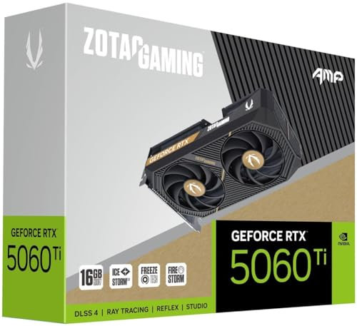 ZOTAC Gaming GeForce RTX 5060 Ti 16 Go AMP DLSS 4 16 Go GDDR7 128 Bits 28 Gbps PCIE 5.0 Carte Graphique de Jeu, Refroidissement IceStorm 2.0, éclairage LED Blanc, ZT-B50620F-10M