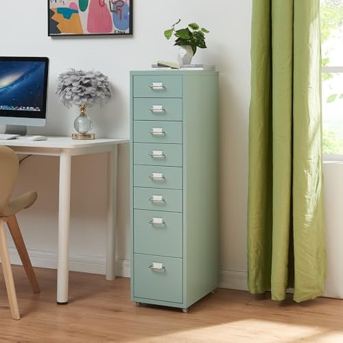 [en.casa] Rollcontainer Kökar Schubladenschrank Metall Aktenschrank mit 8 Schubladen Bürowagen mit Rollen für Arbeitszimmer 109 x 28 x 41 cm Mintgrün