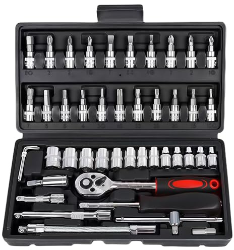 WANDGU Set di chiavi a bussola da 46 pezzi: chiavi a cricchetto da 1/4 con aste di prolunga, sgancio rapido, chiavi in acciaio Cr-V, set di punte, chiavi a brugola per auto e casa in scatola di