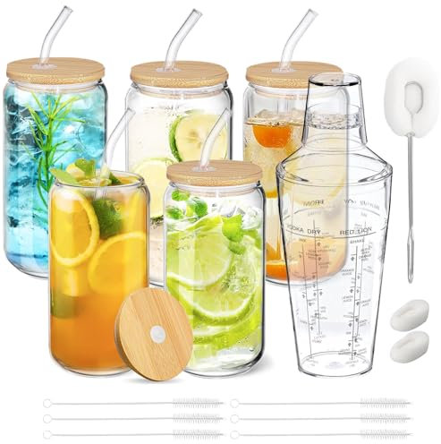 Cafultgo 16oz Glass Cup 5 Packs Drinking Glasses with Lids and Glass Straws, Cocktail Spoon, one 530ml Cocktail Shaker for Home Bar Milk Tea Shop Party Coffee Shop Restaurant (5 PCS)