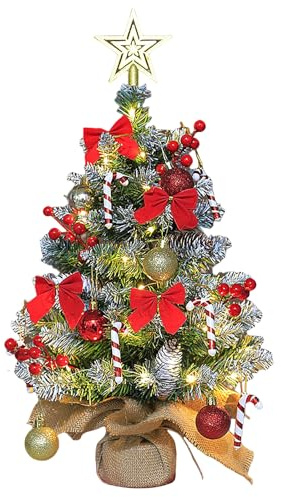 60cm Weihnachtsbaum mit LED Lichterkette,Mini Künstliche Weihnachtsbäume mit Stern Baumspitze und Rot Weihnachtskugeln,Tannenbaum für Weihnachtsdeko Innen Büro Weihnachten Advent (Grün)
