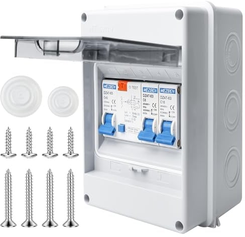 Sicherungskasten Aufputz, IP65 Aufputz Verteiler Kleinverteiler Aufputzmit, Leistungsschalter 32A, AC Trennschalter10A+10A Verteilerkasten für Zuhause, Büro, Einkaufszentrum