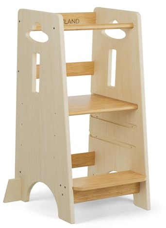 COSYLAND Lernturm ab 1 Jahr - Höhenverstellbarer Learning Tower für Kinder (3-stufig) - Montessori Lernturm mit Kippschutz & Massivholz (Naturholzfarbe)