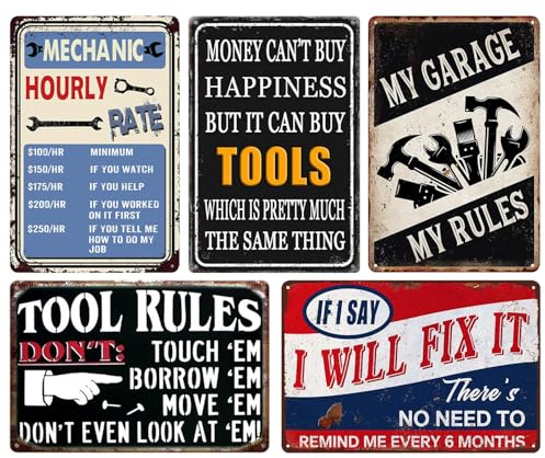5 PCS Vintage Metal Garage Signs Man Cave Tin Signs Garage Accessories Mechanic Gifts Man Cave Sign Poster (12×8 inch)