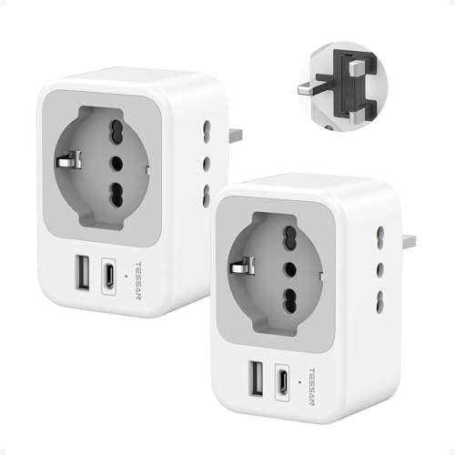 TESSAN Adattatore Presa Inglese a Spina Italiana Pack da 2 per Regno Unito | Adattatori Prese Inglesi 3250 W, Spina Inglese per Irlanda, Scozia, Singapore, Tipo G