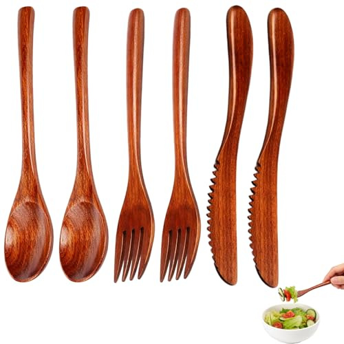 6-Piece Bamboo Cutlery Set with Forks Spoons Knives, Bamboo Cutlery, Wooden Utensil Set for Dining, Portable Travel Forks and Spoons