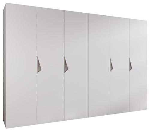 MEBLE KRYSPOL - Kleiderschrank - Garderobenschrank - 300 cm x 202 x 52 cm - Schrank mit Kleiderstange, 6 Türen - für Schlafzimmer, Flur - SANDI, Weiß, Griff Kaschmir
