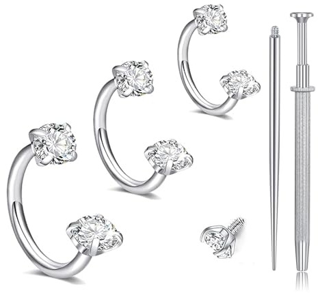 Nymora Nasenring Silber 18G 3PCS (6mm 7mm 8mm) Zirkon Hufeisen Piercing, Lippenpiercing Ring Helix Ring mit Greifwerkzeug für Damen