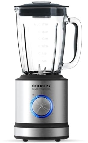 Taurus 1600 - Batidora de vaso, 1600 W, jarra cristal, 1.75 L, cuchillas de 6 filos, 5 velocidades + pulse, pica hielo, acero inoxidable, selector iluminado, inox