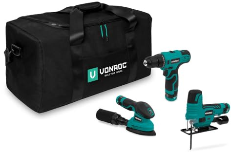 VONROC Werkzeugset 12V 3in1 - Bohrschrauber, Stichsäge, Schleifmaschine, 3x Akku, USB-C, Tasche, Kompaktes Elektrowerkzeug (12V - 3 Geräte)