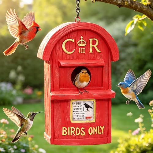 Attivolife Vogelhaus für den Außenbereich, wetterfest, roter Briefkasten, Kunstharz, hängende Vogelhaus-Ornamente, Hof, Terrasse, Dekoration, Bluebird Finken, Kardinale, Gartengeschenke für