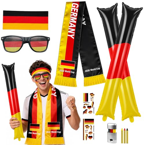 Jiahuade Deutschland Fußball Fanartikel Set,WM 2026 Fanartikel Set,Wm Fanartikel Deutschland Set,mit Brille,Girlanden,Schal,Ballonstab,Temporäre Tattoos,Schminkstift,Patriotisches Stirnband